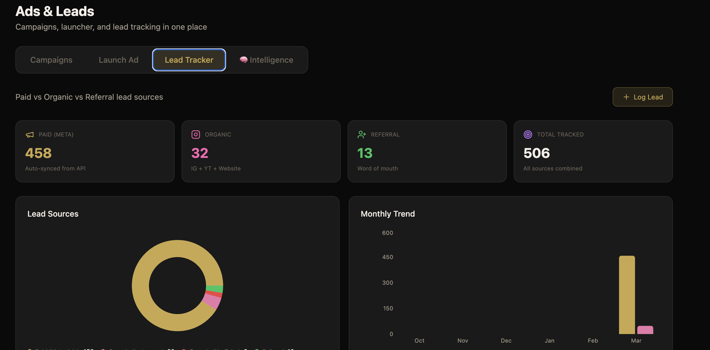 The lead tracker, each lead with its source and cost per lead