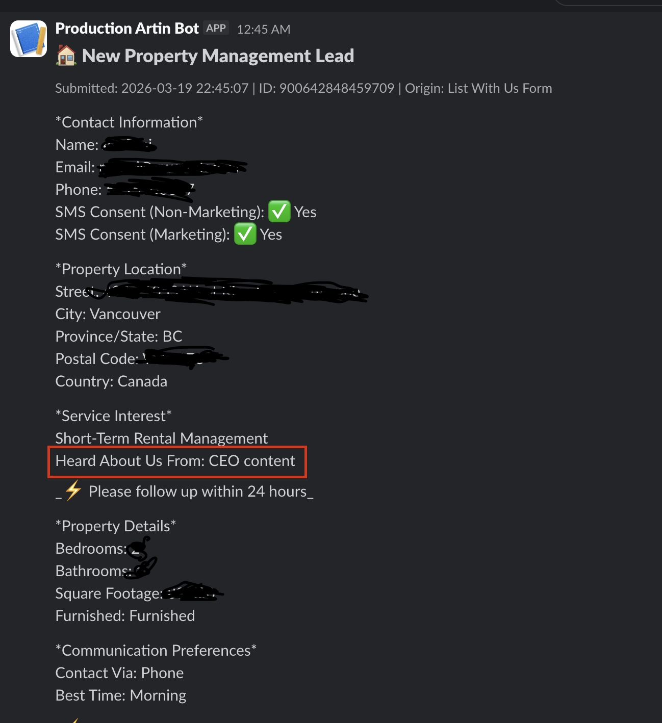 Production Artin Bot — new lead heard about us from CEO content