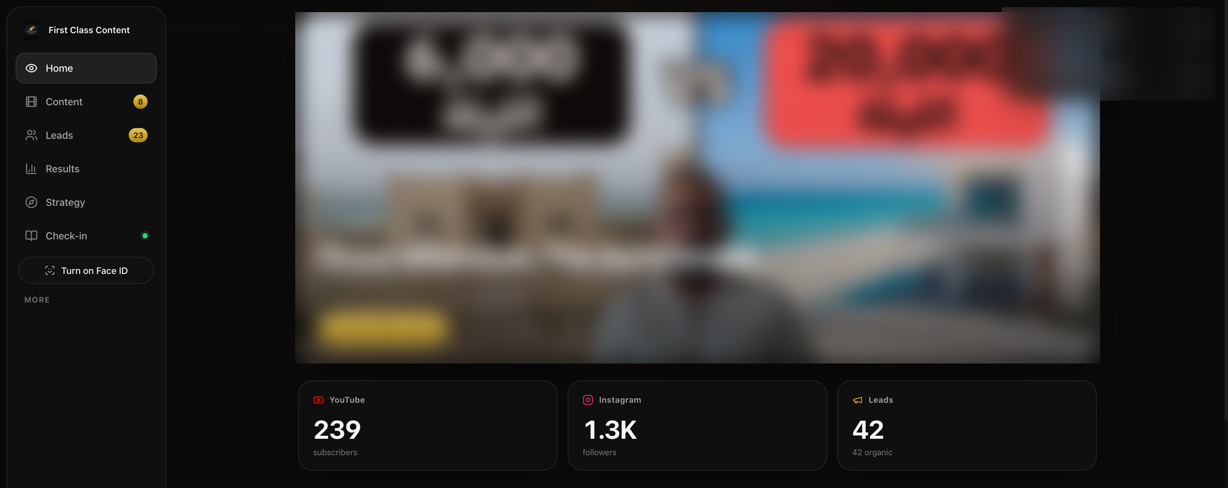 The Benchmark's real client portal, showing its YouTube subscribers and leads