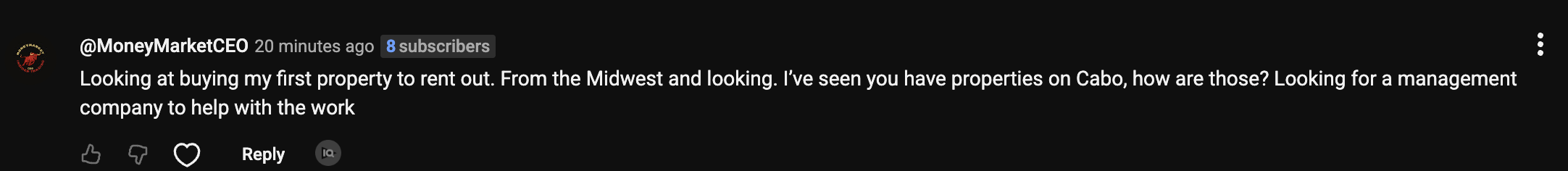 A YouTube comment asking for a management company